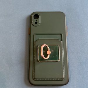 Hunter green IPhone XR case with cardholder and ring.